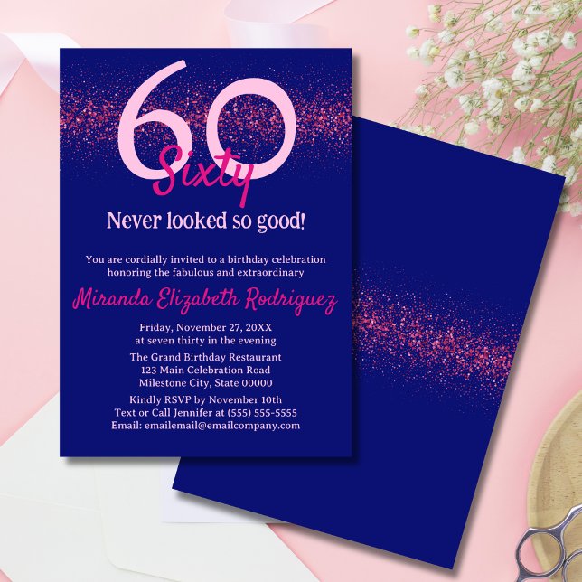 Modern Navy Hot Pink Glitter Blush Womens Birthday Invitation (Creator Uploaded)