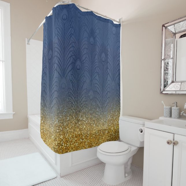Modern Navy Indigo Blue & Glitter Gold Feather Shower Curtain (In Situ)