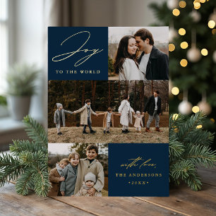 Modern Navy Joy to the World 4 Photo Foil Holiday Card