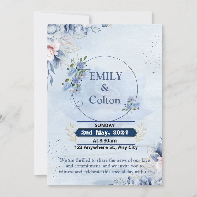 modern navy & light blue flowers wedding invitatio invitation (Front)