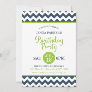 Modern Navy Lime Green Chevron Birthday Party Invitation
