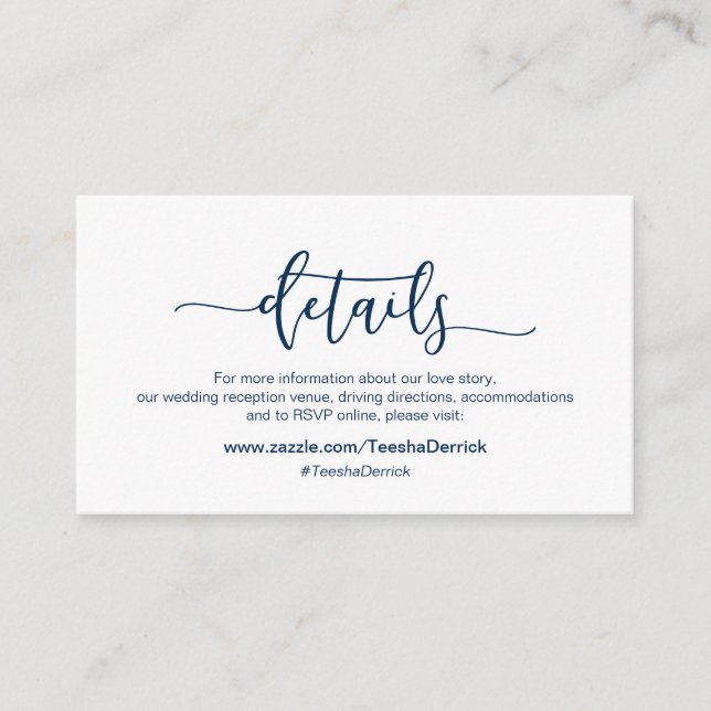 Modern Navy minimalism font, Our Wedding Details Enclosure Card (Front)