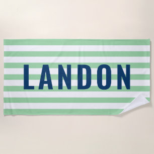 Modern Navy Mint Stripe Monogram Name Beach Towel