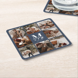 Modern Navy Monogram Initial Family Name &  Photo Square Paper Coaster