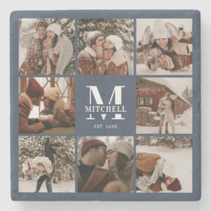 Modern Navy Monogram Initial Family Name &  Photo Stone Coaster