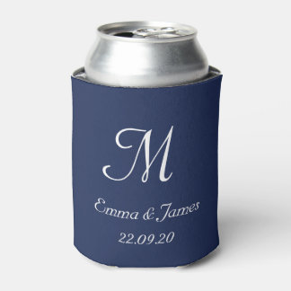 Modern Navy Monogram Wedding Party Favor Can Cooler