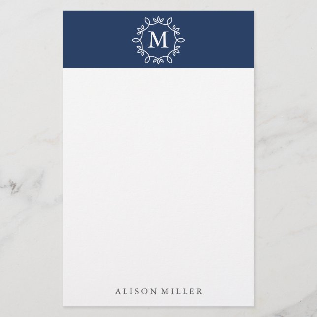 Modern Navy Monogrammed Stationery (Front)