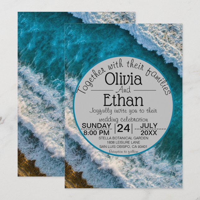 Modern navy nautical waves Wedding Invitation (Front/Back)