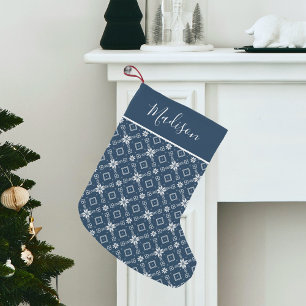 Modern Navy Nordic Snowflake Personalised Small Christmas Stocking