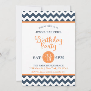 Modern Navy Orange Chevron Birthday Party Invitation