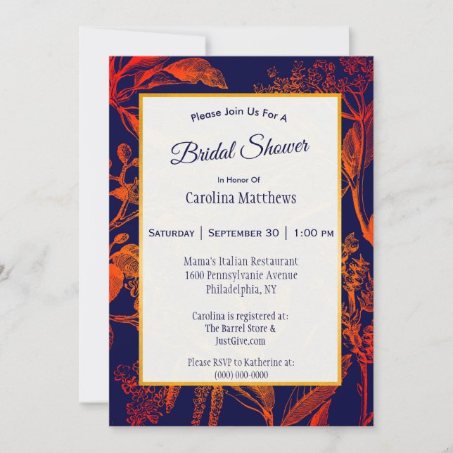 Modern Navy Orange Leaves Floral Bridal Shower Invitation (Front)