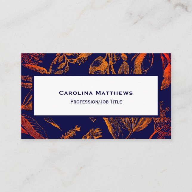 Modern Navy Orange Leaves Floral Business Card (Front)