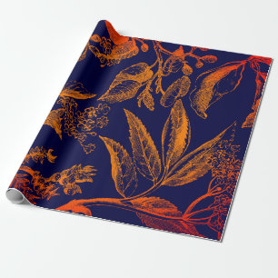 Modern Navy Orange Leaves Floral Wrapping Paper