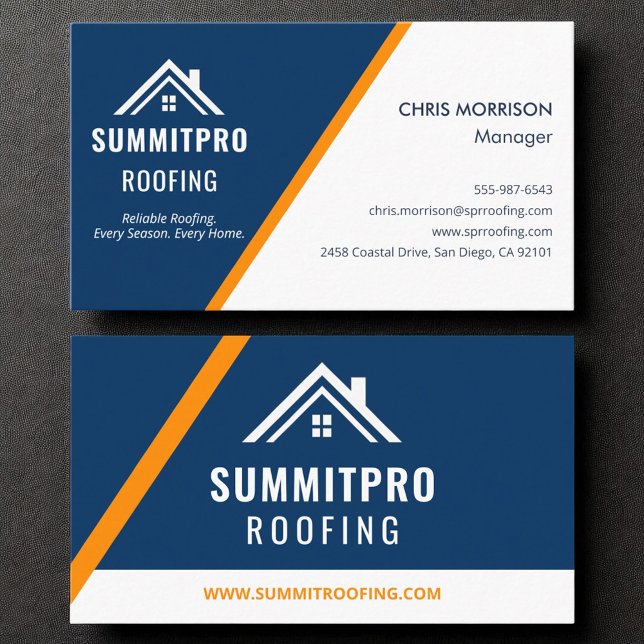 Modern Navy Orange Roofing Construction Contractor Business Card (Creator Uploaded)