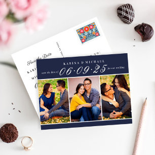 Modern Navy Photo Collage Save the Date Announcement Postcard