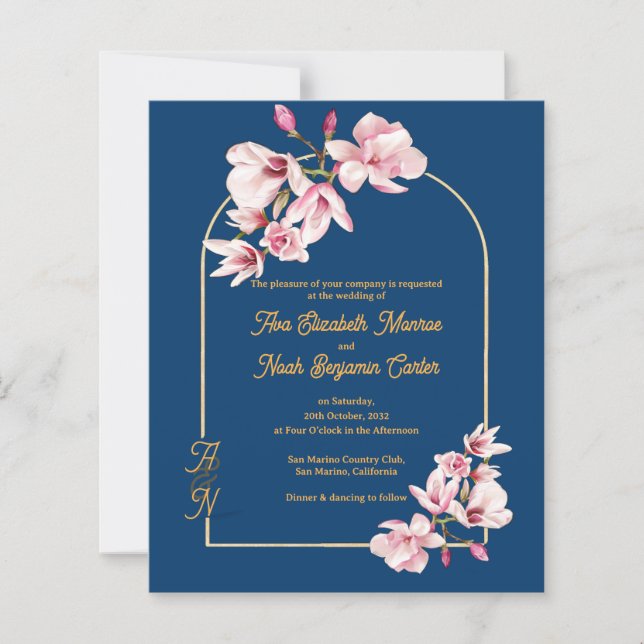 Modern Navy Photo Floral Wedding Invitation (Front)