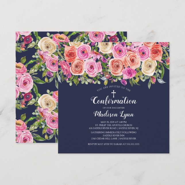 Modern Navy Pink Floral Confirmation Invitation (Front/Back)