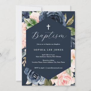 Modern Navy Pink Peach Florals Baptism Invitation