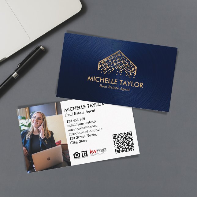 Modern Navy Professional Real Estate Photo QR Code Business Card (Creator Uploaded)
