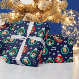 Modern Navy Red Green Photo Ornaments Christmas Wrapping Paper