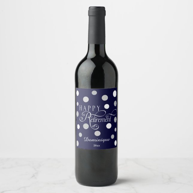 Modern, Navy Retirement Party with Glitter Wine Label (Front)
