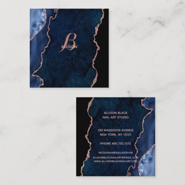 Modern Navy Rose Gold Agate Monogram Square Business Card (Front/Back)