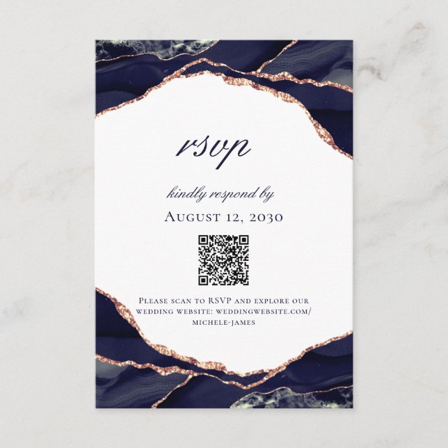 Modern Navy Rose Gold Foil Agate Wedding RSVP Card (Front)