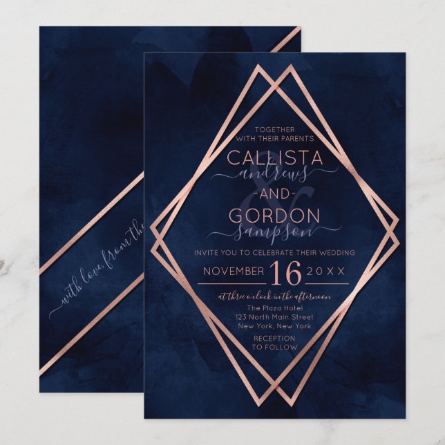Modern Navy Rose Gold Geometric Border Wedding Invitation (Front/Back)