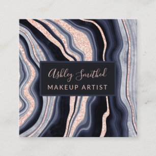 modern navy rose gold glitter agate makeup square business card