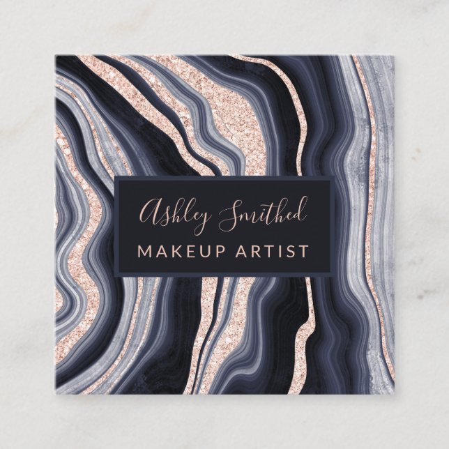 modern navy rose gold glitter agate makeup square square business card (Front)