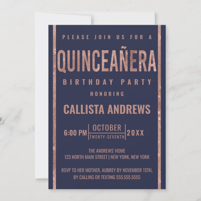 Modern Navy Rose Gold Glitter Frame Quinceañera Invitation (Front)