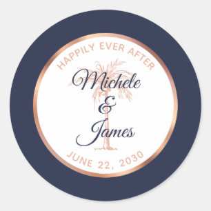 Modern Navy Rose Gold Palm Tree Tropical Wedding Classic Round Sticker
