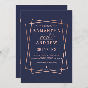 Modern navy  rose gold script geometric wedding invitation