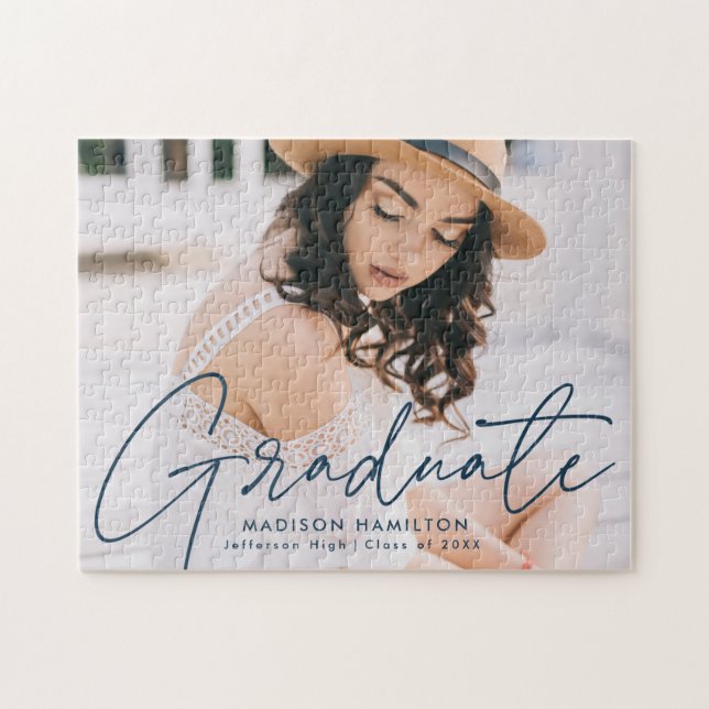 Modern Navy Script Photo Graduation Jigsaw Puzzle (Horizontal)