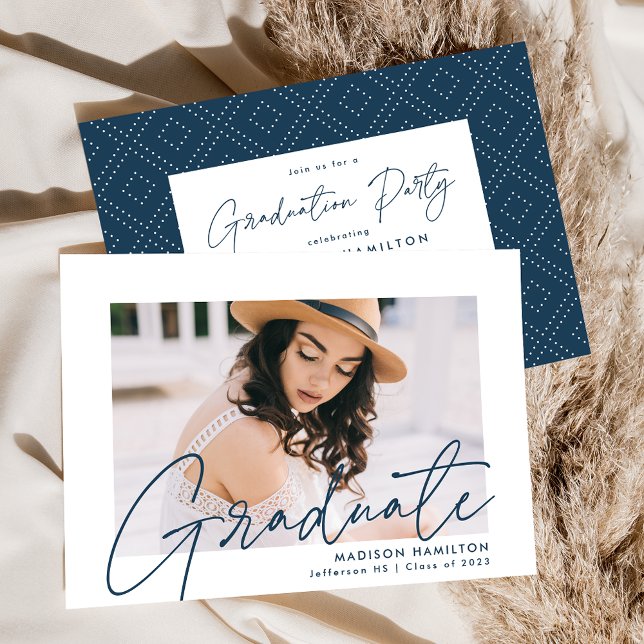 Modern Navy Script Photo Graduation Party Invitation (Creator Uploaded)