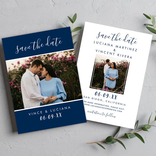 Modern Navy Script Photo Wedding Save The Date (Creator Uploaded)