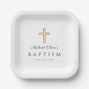 Modern Navy Script Religious Cross Boy Baptism Paper Plate