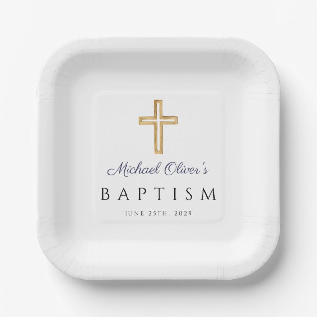 Modern Navy Script Religious Cross Boy Baptism Paper Plate (Front)