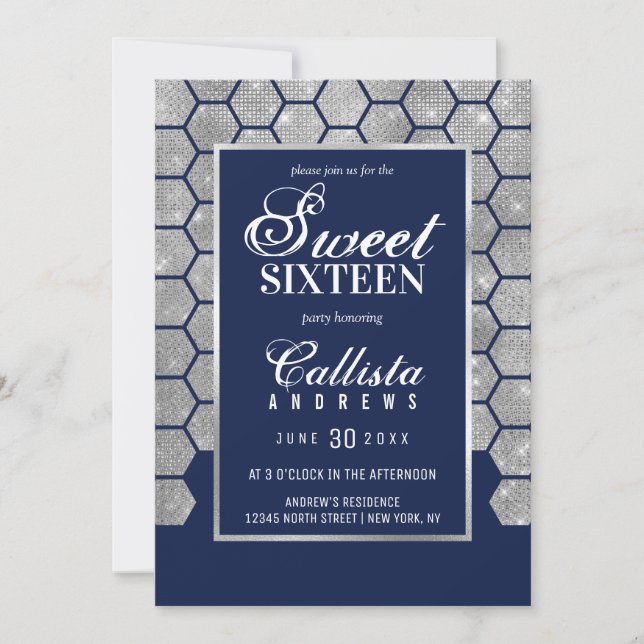 Modern Navy Silver Glitter Hexagon Geo Sweet 16 Invitation (Front)