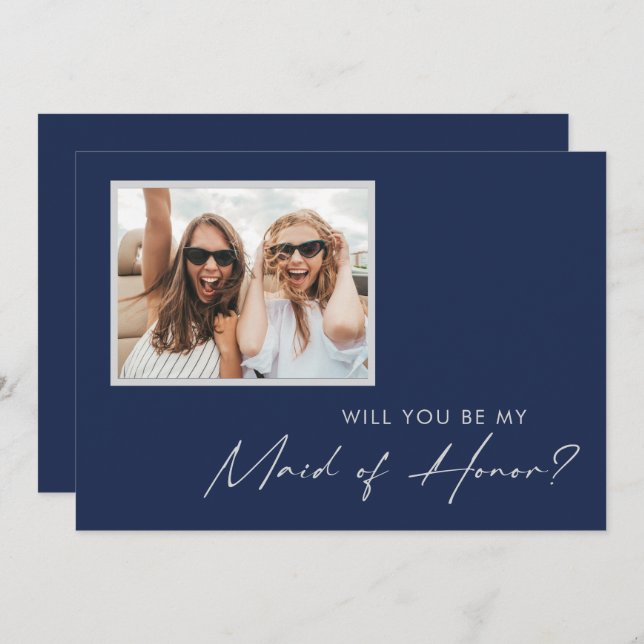 Modern Navy Silver Photo Maid of Honour proposal Invitation (Front/Back)