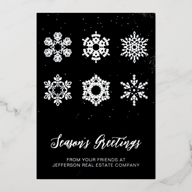 Modern Navy Silver Snowflakes Business    Foil Holiday Card (Front)
