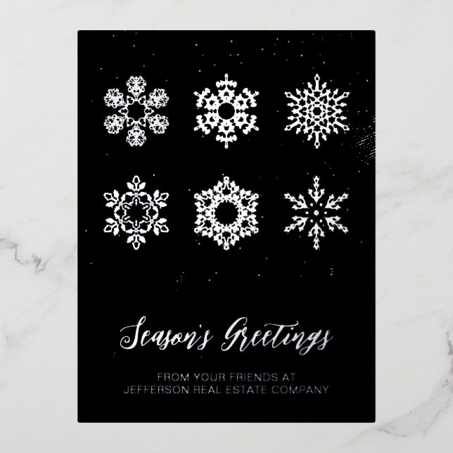 Modern Navy Silver Snowflakes Business     Foil Holiday Postcard (Front)
