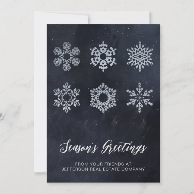 Modern Navy Silver Snowflakes Business   Holiday Card (Front)