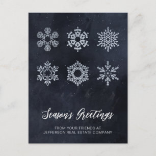 Modern Navy Silver Snowflakes Business Holiday Postcard
