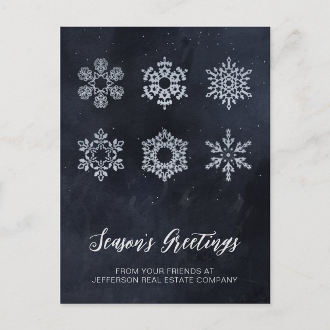 Modern Navy Silver Snowflakes Business    Holiday Postcard (Front)