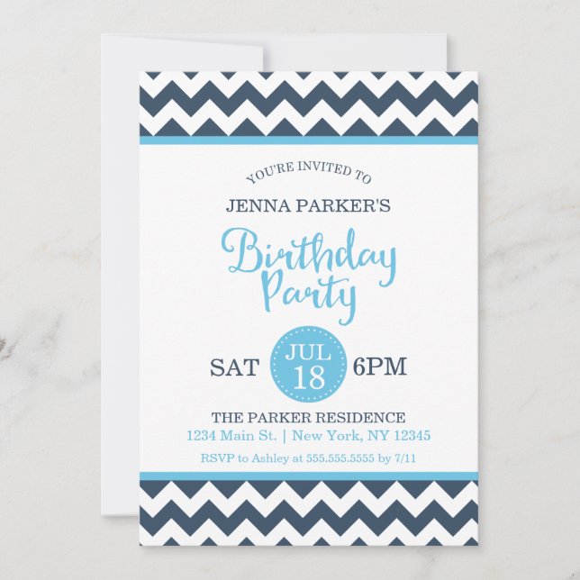 Modern Navy Sky Blue Chevron Birthday Party Invitation (Front)