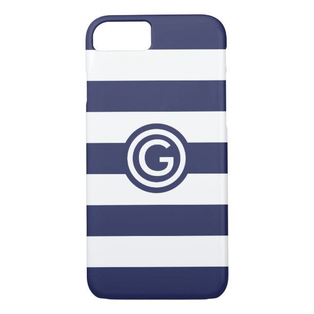 Modern Navy Stripe Monogram Clear iPhone Case (Back)