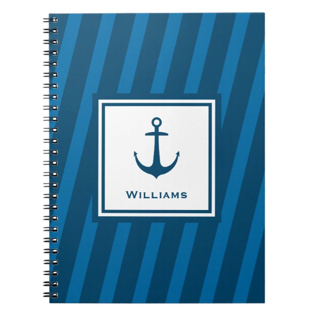 Modern Navy Striped Nautical Last Name Anchor Notebook (Front)