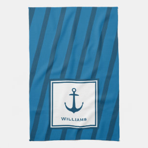 Modern Navy Striped Nautical Last Name Anchor Tea Towel