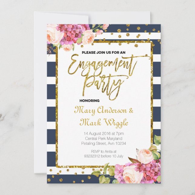 Modern Navy Stripes Engagement Party Invitation (Front)